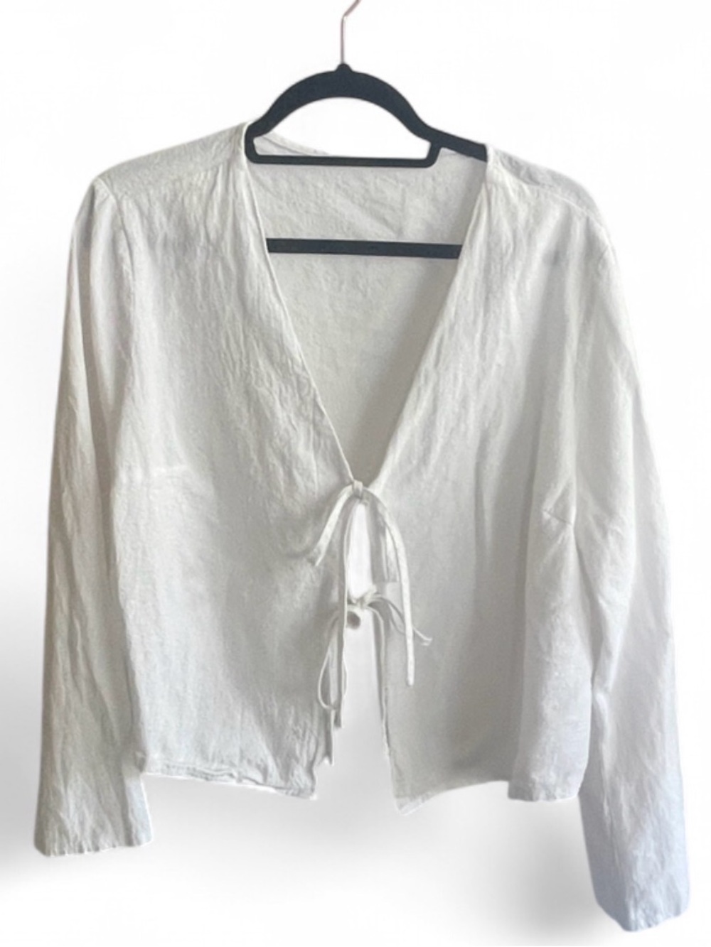 White Cotton Tie-Front Long Sleeve Tunic Blouse